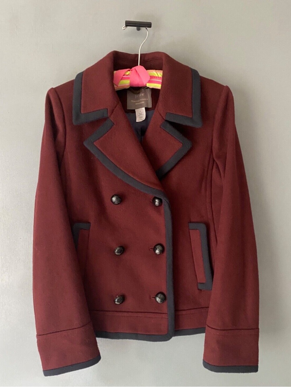 J. Crew Double-Breasted Burgundy Pea Coat with Black Trim Size 6